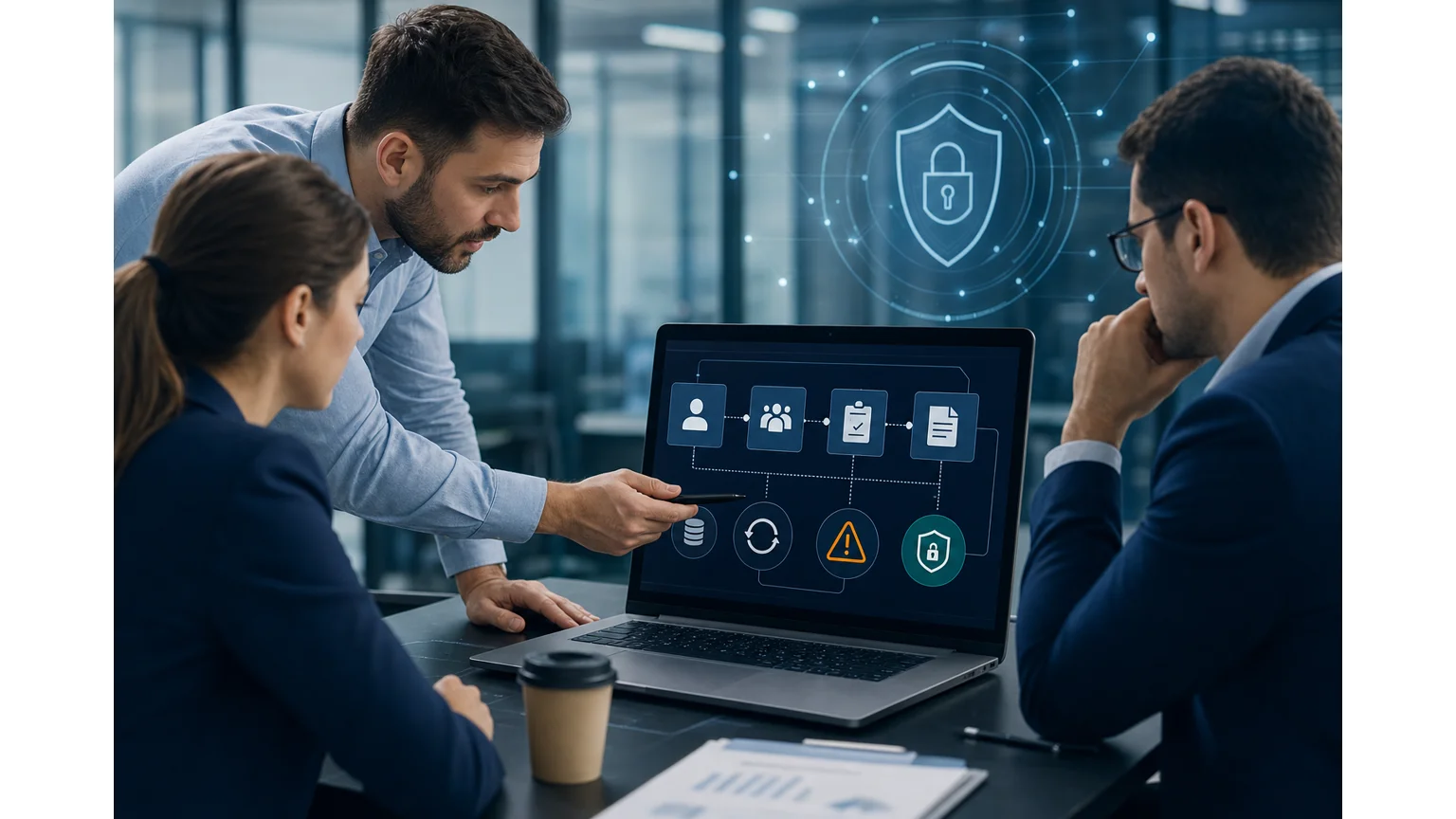 Business IT team reviewing automation workflow safety checks on a laptop dashboard.