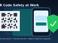 Professional smartphone scanning a QR code with a security check indicator for safer work access.