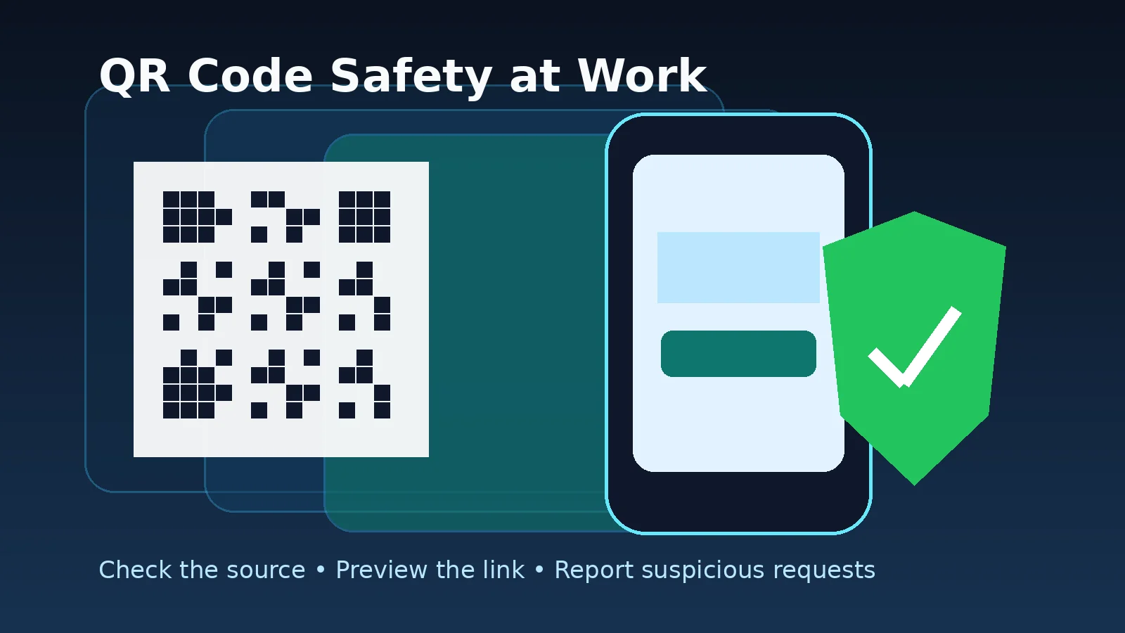 Professional smartphone scanning a QR code with a security check indicator for safer work access.