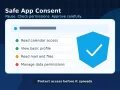 Professional user reviewing a cloud app permission request with a security shield reminder.