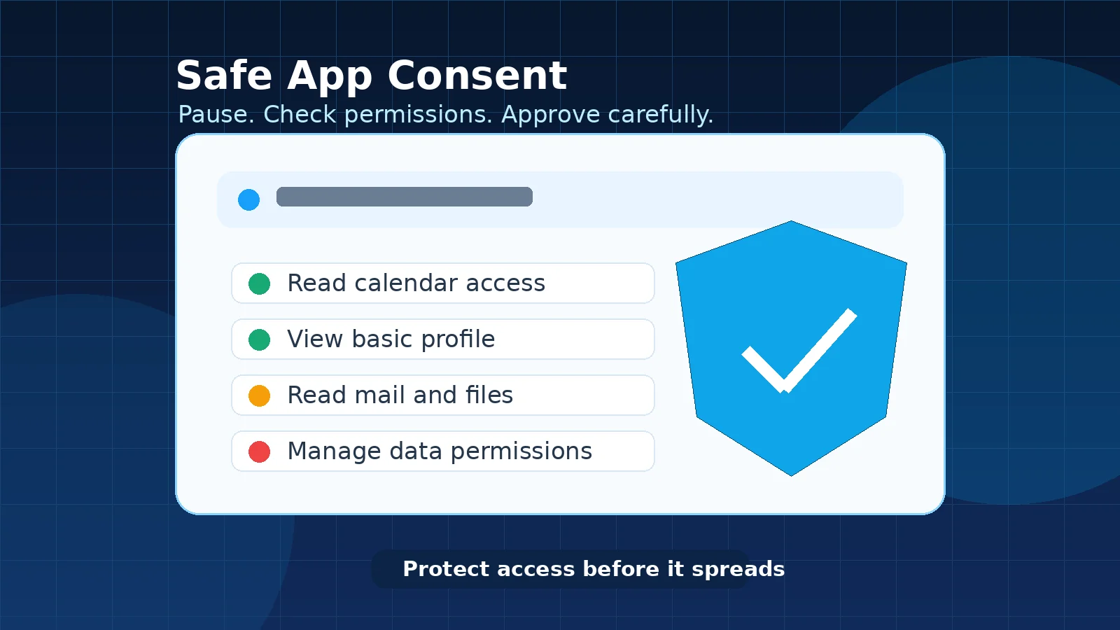 Professional user reviewing a cloud app permission request with a security shield reminder.