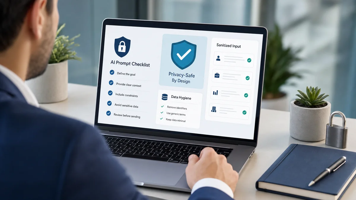 Professional reviewing secure AI prompt rules before sharing work data with an AI tool