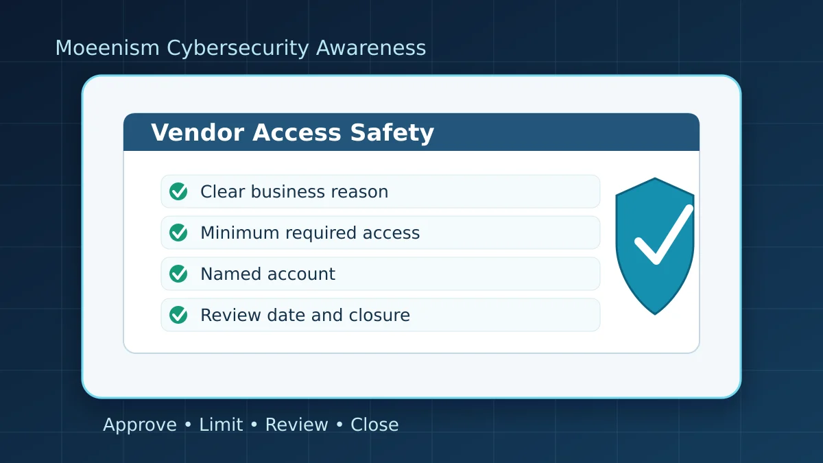 Professional laptop screen showing a vendor access safety checklist with secure access icons.