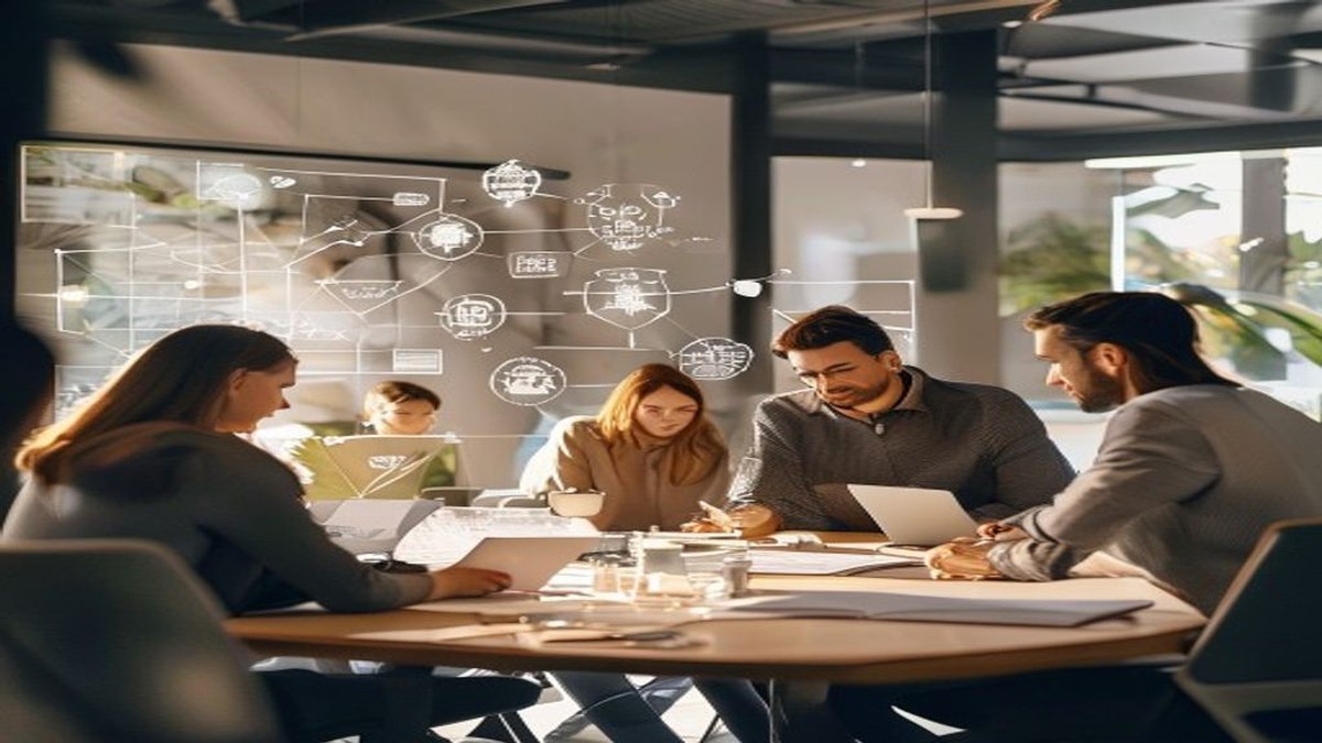 Small team planning seven practical AI strategy steps in a modern workspace