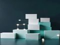 Abstract seven-step AI strategy visual with clean geometric blocks and connected light nodes, no people or text