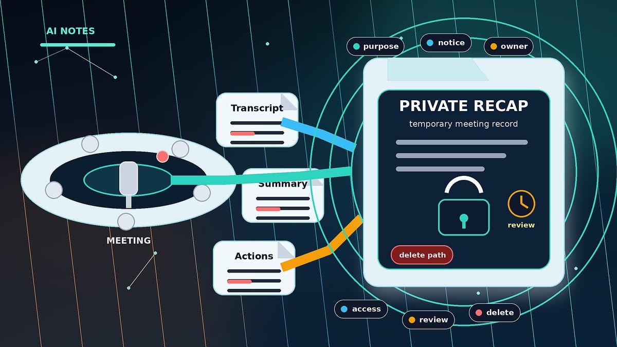 Conceptual illustration of AI meeting notes safety with a private recap vault and purpose, notice, owner, access, review, and delete controls.