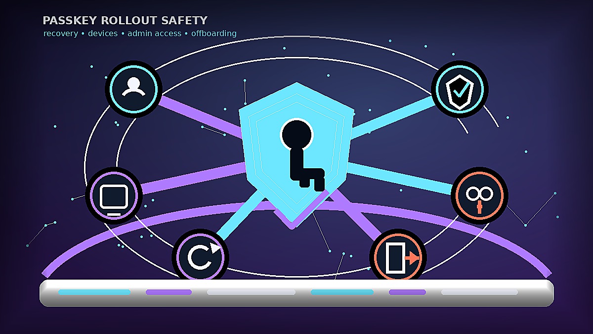 Conceptual illustration of passkey rollout safety with a central passkey shield and controls for user account, device boundary, recovery, admin protection, shared account cleanup, and offboarding.