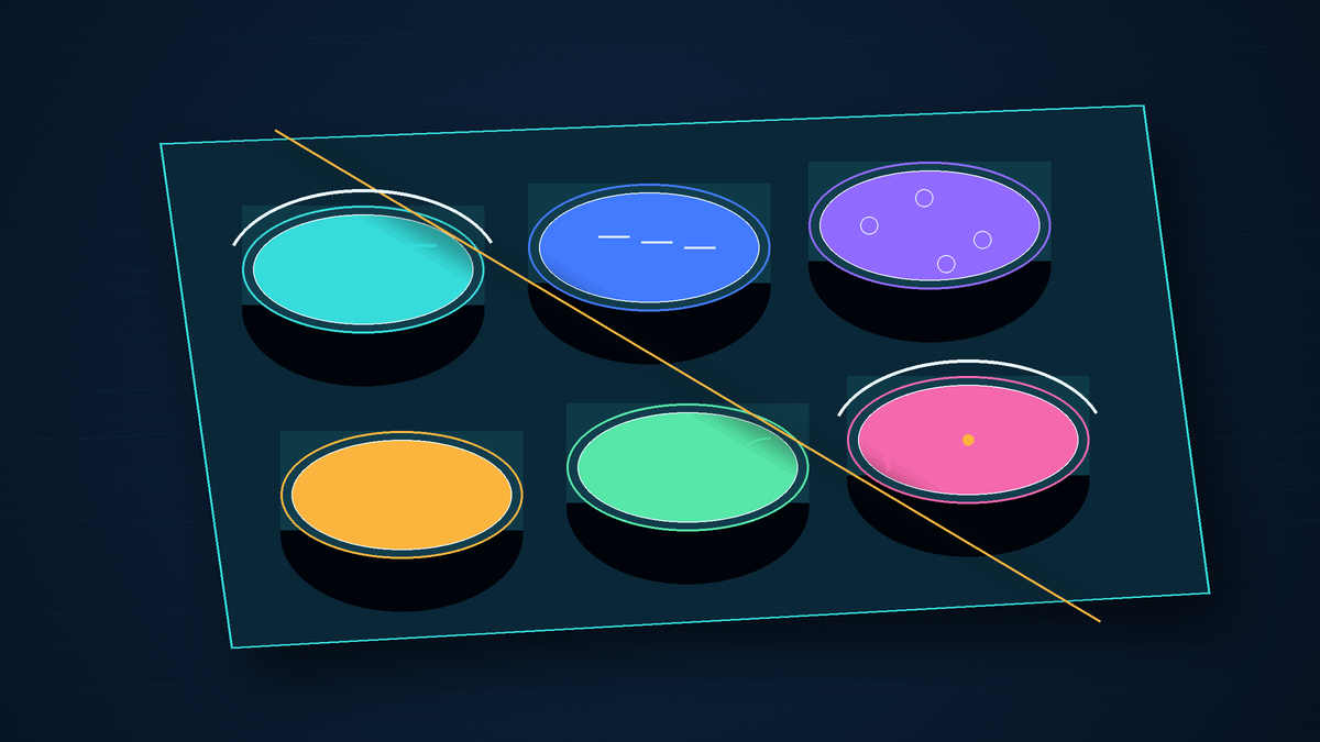 Six abstract database model samples in a comparison tray with a diagonal evidence scan line